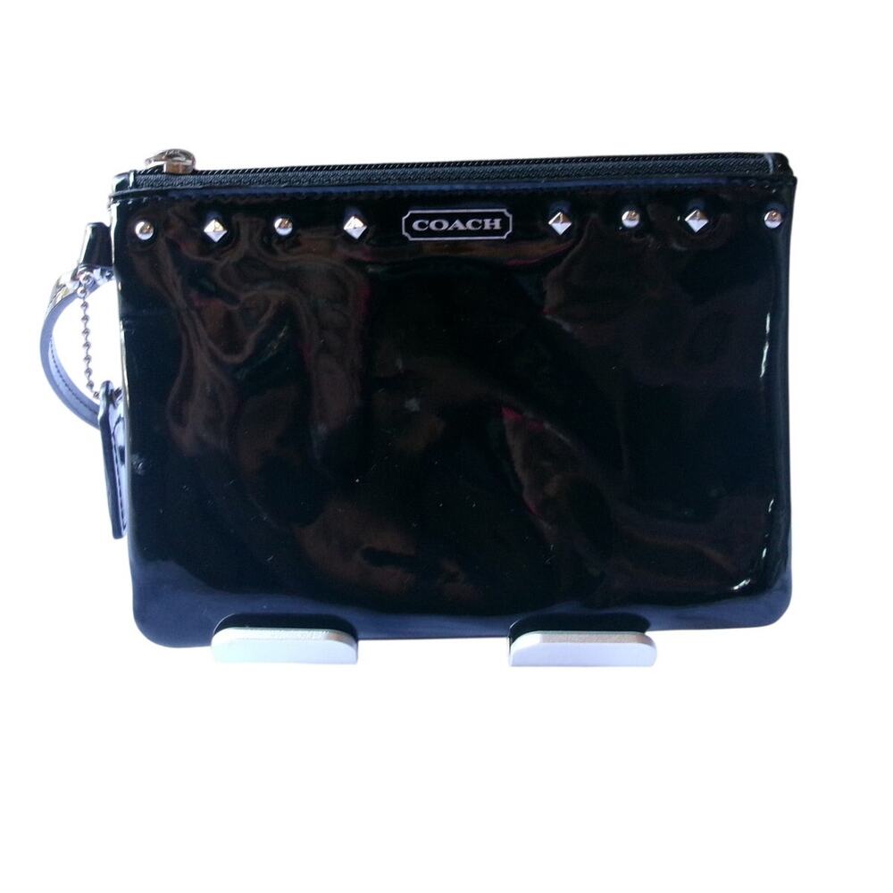 Coach F50729 Studded Liquid Gloss Black Patent Wristlet Silver Y2K
